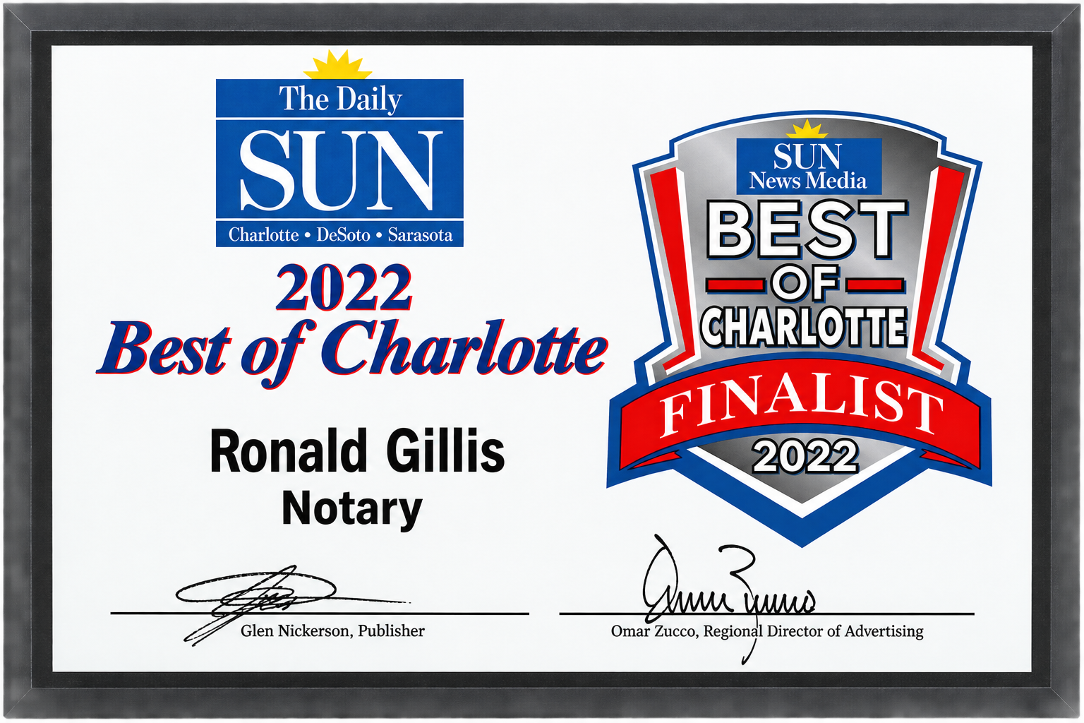 2022 Best of Charlotte Finalist award for Ronald Gillis, Notary